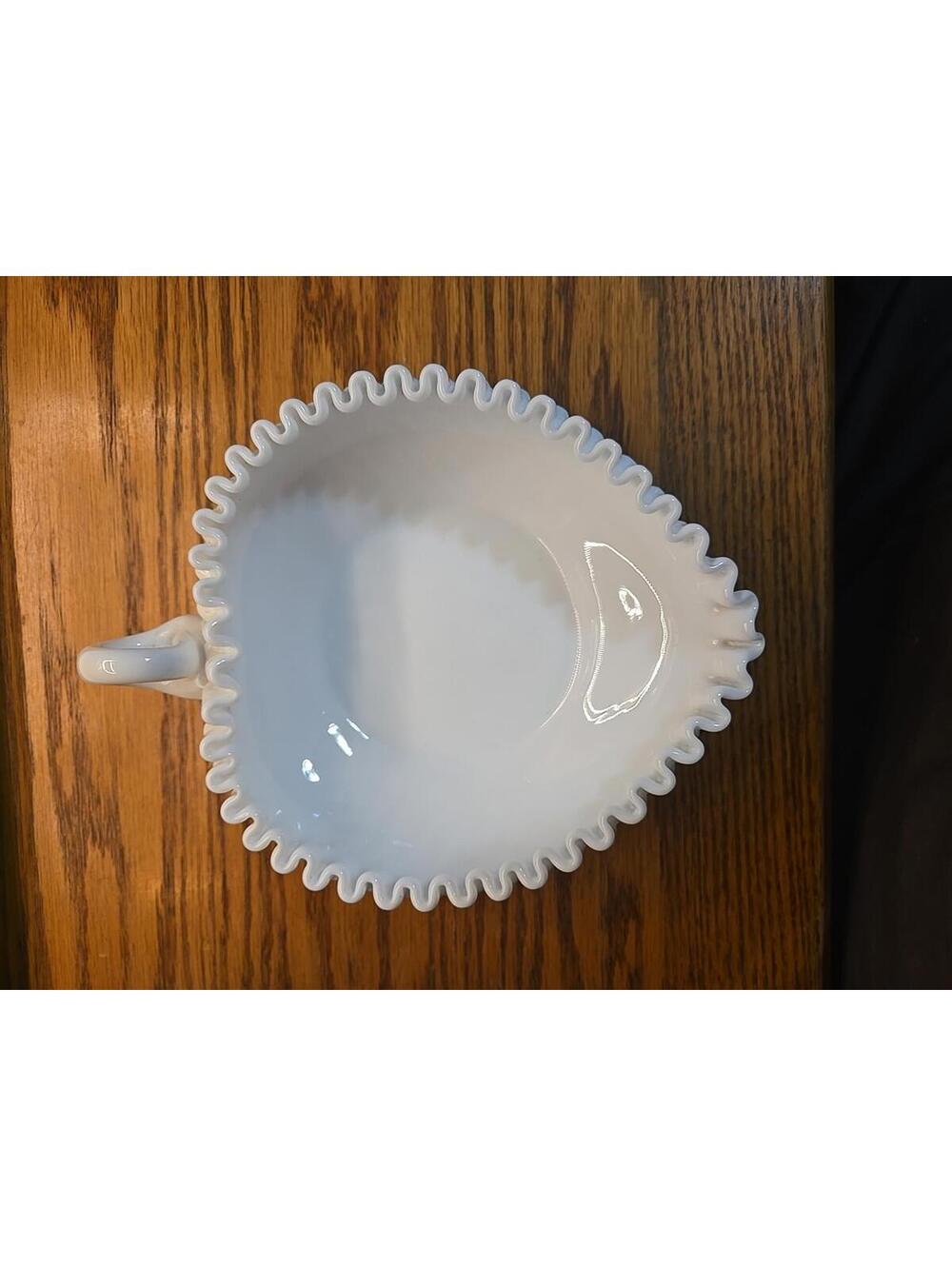 FENTON Heart-shaped Bowl White Hobnail Milk Glass Vtg Ruffled Edge. Loop Hdl VGC